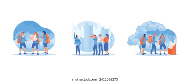 Tourist Guide concept. Tourist travels in the forest with a map. Travel while taking photos. Using the smartphone in the forest. set flat vector modern illustration 
