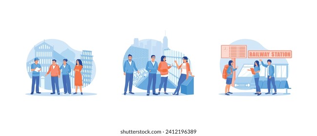 Tourist Guide concept. Vacationing in Pisa, Italy. The tour guide explains about the culture. Take a local tourist trip by train. set flat vector modern illustration 