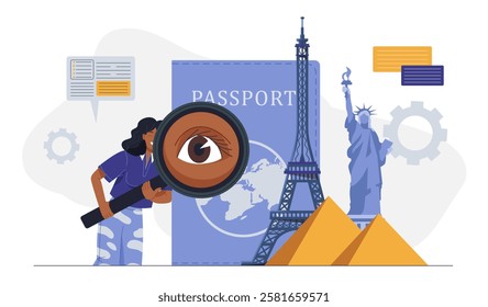 Tourist guide concept. Woman with magnifying glass near foreign passport, pyramids, Eiffel Tower and Statue of Liberty. Travel and tourism. Holiday and vacation. Flat vector illustration