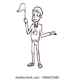 The tourist guide with a flag conducts a tour. Hand drawn cartoon vector illustration