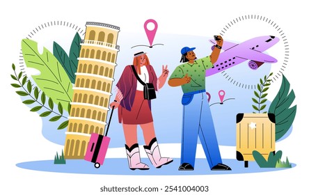 Turista con guía. El hombre muestra a la mujer vistas italianas. Grupo de turistas cerca de la Torre Inclinada de Pisa. Festiva y vacaciones. Viaje y viaje. Ilustración vectorial plana aislada sobre fondo blanco