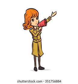 The tourist guide with a megaphone conducts a tour. Hand drawn cartoon vector illustration