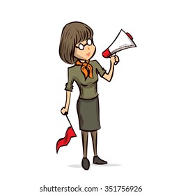 The tourist guide with a megaphone conducts a tour. Hand drawn cartoon vector illustration