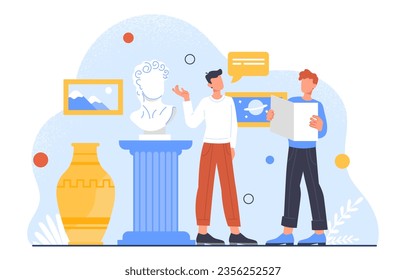 Tourist with guide in museum concept. Exhibition and gallery. Cultural rest and leisure. Young guy with map and booklet. Instruction for museum visitors. Cartoon flat vector illustration