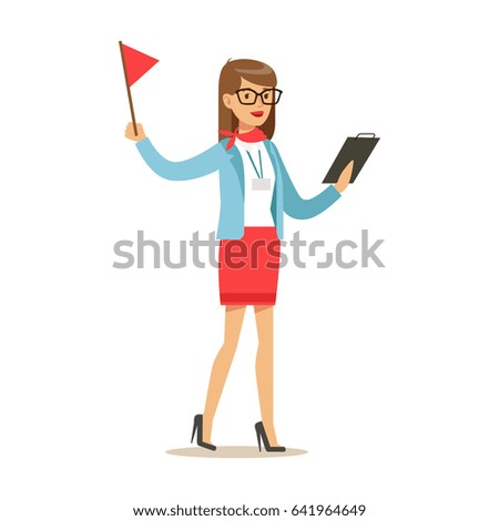 Tourist guide waiting for guests at the airoprt. Colorful cartoon character vector Illustration