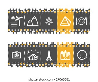Tourist guide web icons on grey and orange dots bar. Vector file has layers, all icons in two versions are included.