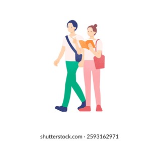 Tourist with guidebook and map. Vector illustration of a happy couple walking through a tourist area.