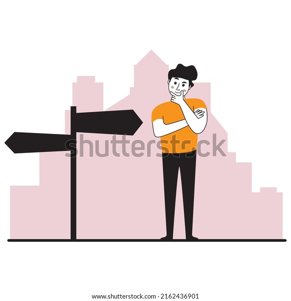 Tourist with\
guidepost.Man looking at signpost.Old fashioned navigation.A\
tourist chooses a destination.A traveler stands next to the road\
sign.Hand drawn cartoon\
illustration.