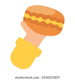 Tourist hand holds juicy hamburger with beef patty and cheese. Tasting food from local cafes. Image for design of countries cultural traditions. Simple flat vector isolated on white background