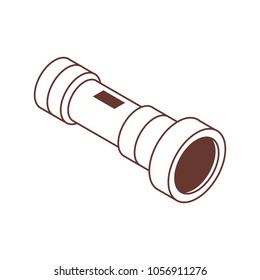 Tourist handle flashlight isometric icon in line art. Hiking spotlight in isometry. Portable hand-held electric light.