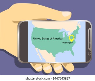 Tourist hands are holding a smartphone with map of USA.
