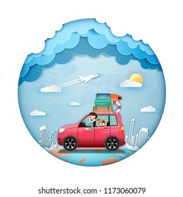 the tourist happy and dog. red car with check in point travel accessories around the world concept on Background Design. blank space for text and content paper art, vector, banner, Card, Poster,