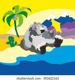Tourist has a rest near the sea. Simple vector.
