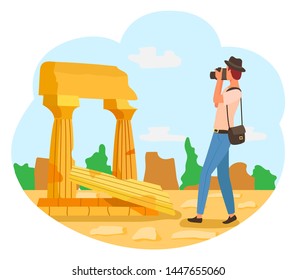 Tourist in hat with photo camera, man photographer in blue trousers taking photos of ancient ruins. Vector retro buildings, travelling concept, vintage columns