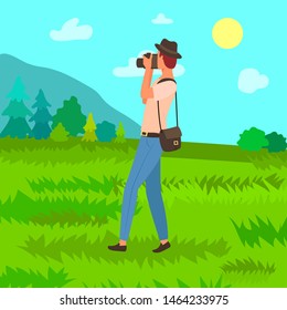 Tourist in hat with photo camera, man photographer with bag on shoulder making photos of mountains scenery. Vector traveler enjoy outdoors landscapes. Flat cartoon