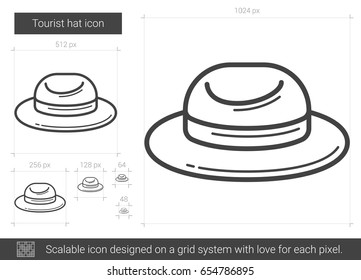 Icono de la línea vectorial de sombrero turístico aislado en fondo blanco. Icono de línea de sombrero turístico para infografía, sitio web o aplicación. Icono escalable diseñado en un sistema de cuadrícula.