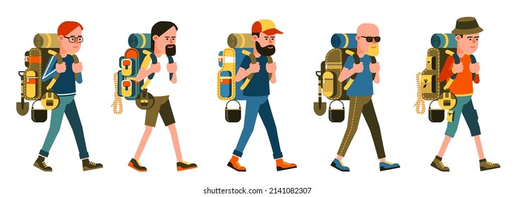 Tourist hiker with backpack - cartoon set. Isolated backpacker with different backpack. Vector isolated image.