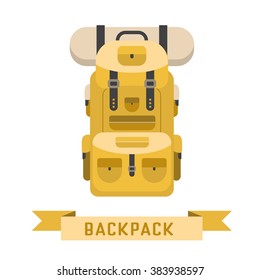 Tourist hiker backpack flat design icon. Adventure traveler backpacker rucksack cartoon pictogram for web an applications. Vector backpack isolated on white background in natural colors.