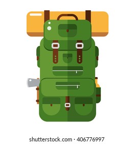 Tourist hiker backpack flat design icon. Adventure traveler backpacker rucksack cartoon pictogram for web an applications. Vector hiking bag isolated on white background in natural colors.
