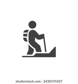 Tourist hiker with backpack vector icon. filled flat sign for mobile concept and web design. Adventure traveler glyph icon. Symbol, logo illustration. Vector graphics