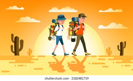 Tourist hiker with backpack walking through the Mexican desert at sunset. Backpacker on journey. Go Everywhere. Vector image.