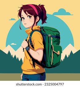 Tourist or hiker person hiking with a backpack, walking through the mountain, flat design vector illustration