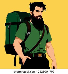 Tourist or hiker person hiking with a backpack, flat design vector illustration