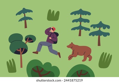 Tourist hiker running away from bear. Wild animal chasing person in forest, nature. Backpacker getaway from danger, beast, predator. Dangerous adventure, hiking, tourism. Flat vector illustration