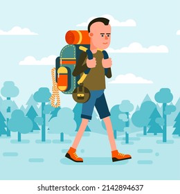 Tourist hiker walking with backpack. Backpacker on forest background. Go Everywhere. Vector cartoon image. 