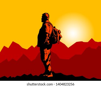 Tourist in hiking clothes with a large backpack