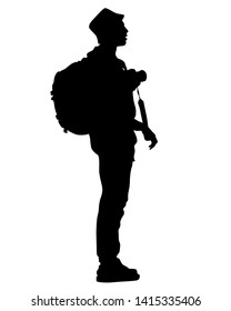 Tourist in hiking clothes with large backpack on white background