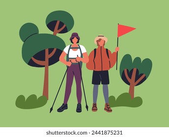 Tourist and hiking guide with red flag. Explorers in nature travel, outdoor adventure, journey. Hikers in trekking, exploring tour in forest on summer vacation, holiday. Flat vector illustration
