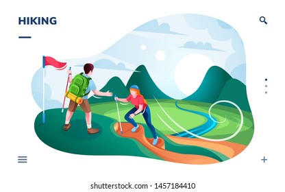 Tourist hiking at hill or mountaineers climbing at mountain top with flag. Smartphone isometric screen for outdoor activity or walking, trekking, climbing, sport travel, application. Nature activity