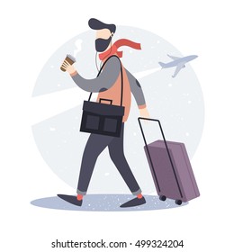 Tourist. Hipster man with a suitcase and a Cup of coffee goes to the airport. Vector illustration. - Shutterstock ID 499324204