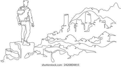 Tourist at historical ruins. Traveler visits a cultural monument . Travel to historical places. Tourist with a backpack.One continuous line drawing. Linear. Hand drawn, white background. One line