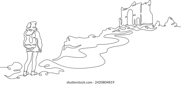 Tourist at historical ruins. Traveler visits a cultural monument . Travel to historical places. Tourist with a backpack.One continuous line drawing. Linear. Hand drawn, white background. One line