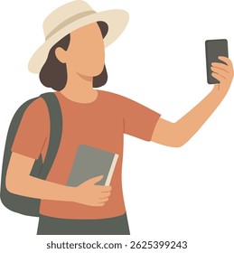 A tourist holding a book and taking a selfie with a smartphone, wearing a hat and a backpack.