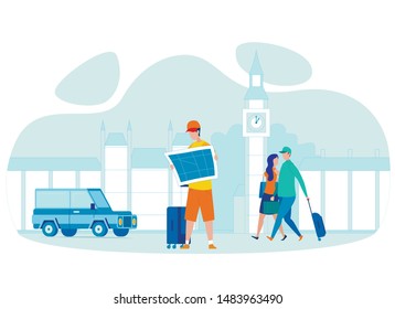 Tourist Holding City Map Flat Vector Character. Great Britain Abroad Traveling, Holiday Vacation. London Sightseeing Trip, Excursion Cartoon Illustration. Tourist with Suitcase Searching Location
