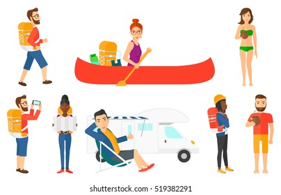 Tourist holding coconut cocktail. Young man drinking a coconut cocktail. Woman enjoying her coconut cocktail at beach resort. Set of vector flat design illustrations isolated on white background.