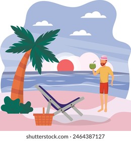 Tourist Holding Coconut and Standing at beach concept, Businessman on annual holidays vector colorful design, Nature and landscape postcard, Scenic Summer Season Vibes Sign Idyllic Remote illustration