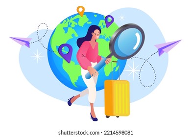 Tourist holding a magnifying glass with a suitcase. International collaboration, new business start-up and business travel vector concept. Trip Adventure Travel Destinations, Travel around the world.