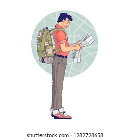 A tourist with holding a map on a white background. Vector image.