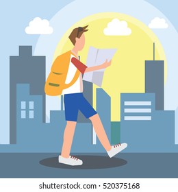Tourist holding map walking in the city-vector cartoon