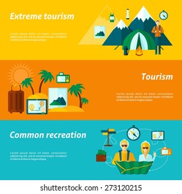 Tourist horizontal banner set with extreme and common recreation elements isolated vector illustration