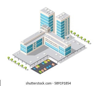 Tourist Hotel is 3D isometric illustration of urban city district with many buildings and skyscrapers, streets, trees and vehicles