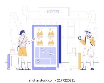 Reserva de hoteles o apartamentos turísticos, concepto de búsqueda de albergue de viajeros. Ilustración vectorial de la aplicación móvil de reserva de habitaciones de hotel. Viajeros haciendo reservas en línea