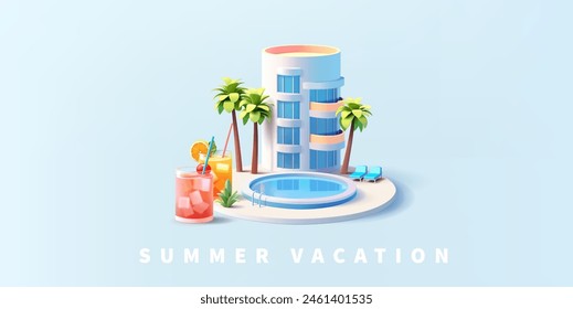 Hotel turístico para Ocio 3D. Palmeras, piscina, cócteles, tumbonas. Anuncio para conceptos de grandes vacaciones de verano. Selección y reserva de hoteles. Vector