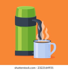 Tourist and household thermoses. Dishes for storing hot drinks and food. Vector illustration