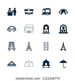 Tourist icon. collection of 16 tourist filled and outline icons such as pass control, airport officer, tent, trailer, eiffel tower. editable tourist icons for web and mobile.