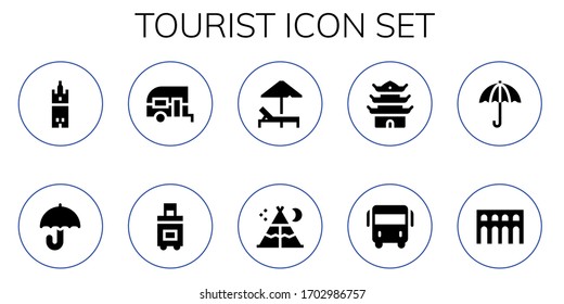 tourist icon set. 10 filled tourist icons. Included Giralda, Umbrella, Caravan, Suitcase, Sunbed, Tent, Pagoda, Bus icons